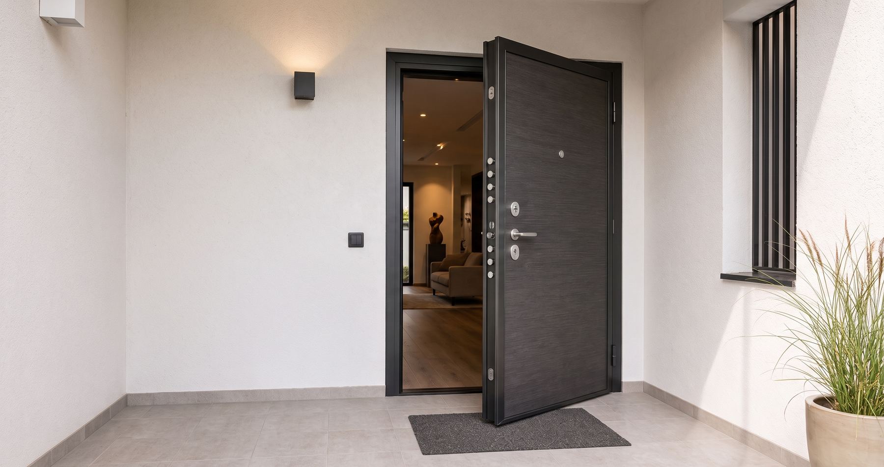 Puerta acorazada abierta en la entrada de una vivienda, con la hoja de acero vista de canto
